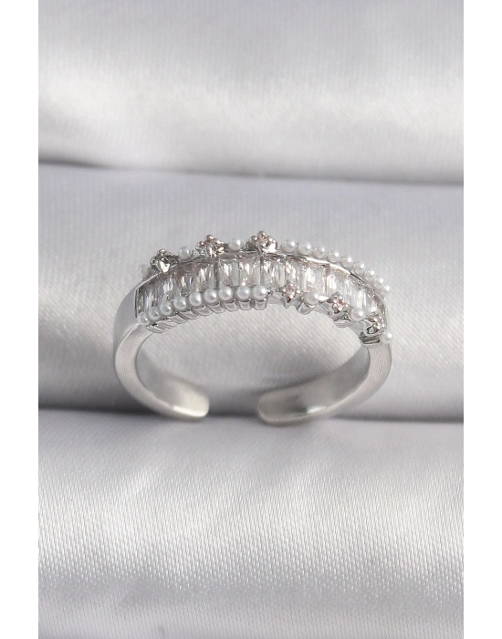 Pirinç Gümüş Renk Zirkon Taşlı İnci Detay VIP Seri Kadın Yüzük