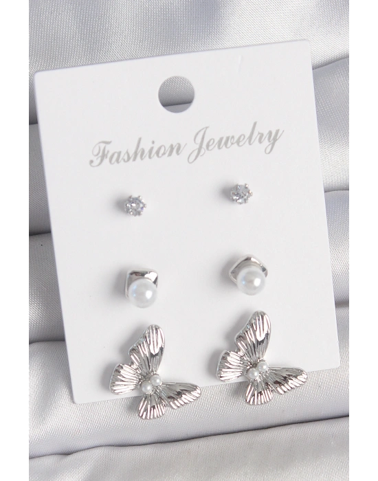 Pirinç Gümüş Renk Zirkon Taşlı İnci Detaylı Kelebek Model 3 Çift Kadın Küpe Seti