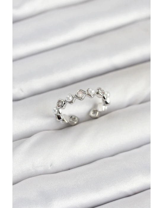 Pirinç Gümüş Renk Zirkon Taşlı İncili Kadın Yüzük