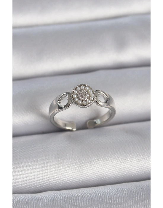 Pirinç Gümüş Renk Zirkon Taşlı İncili Kalp İşleme Detay Ayarlanabilir Model Kadın Yüzük