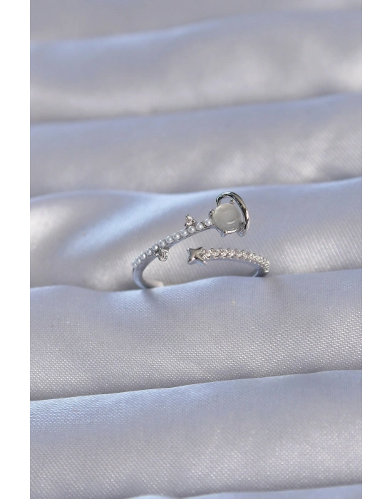 Pirinç Gümüş Renk Zirkon Taşlı İncili Satürn Model Ayarlanabilir Yüzük