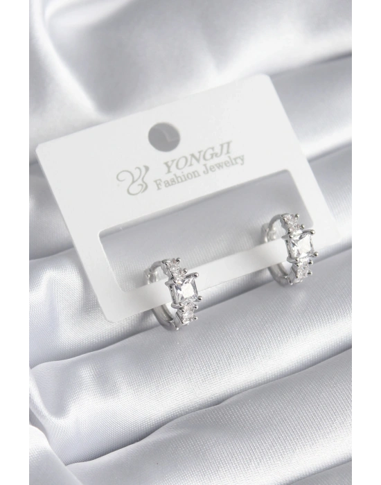 Pirinç Gümüş Renk Zirkon Taşlı Kadın Küpe