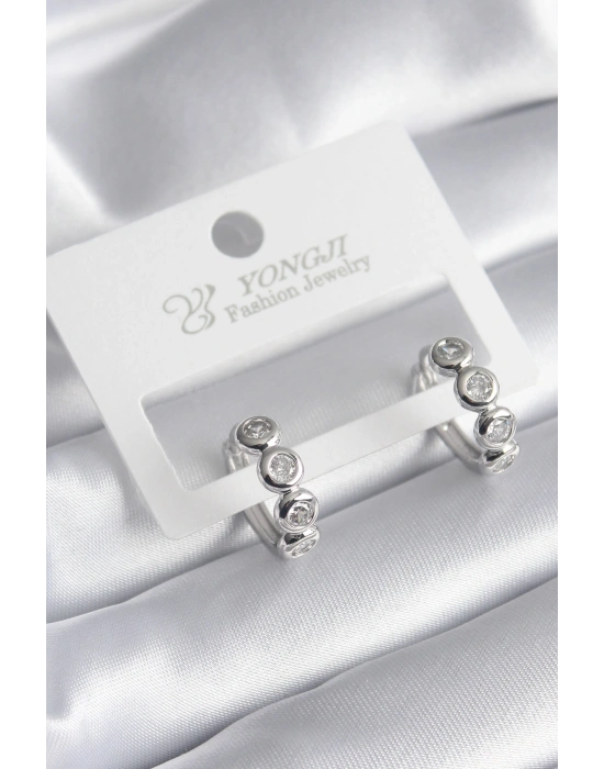 Pirinç Gümüş Renk Zirkon Taşlı Kadın Küpe