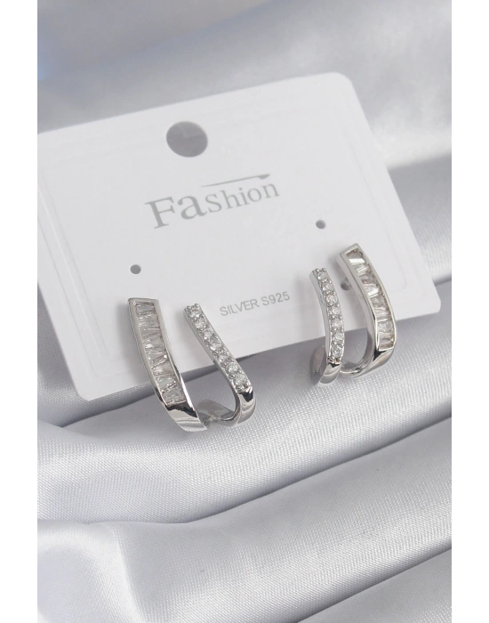 Pirinç Gümüş Renk Zirkon Taşlı Kadın Küpe