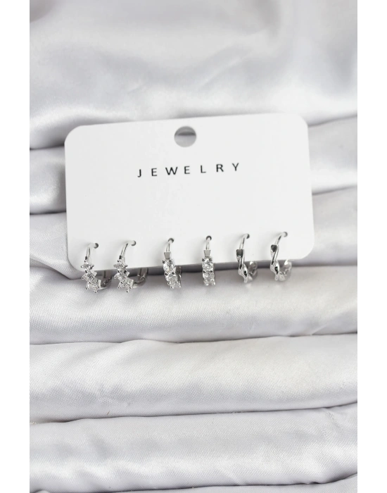 Pirinç Gümüş Renk Zirkon Taşlı Kadın Küpe Seti