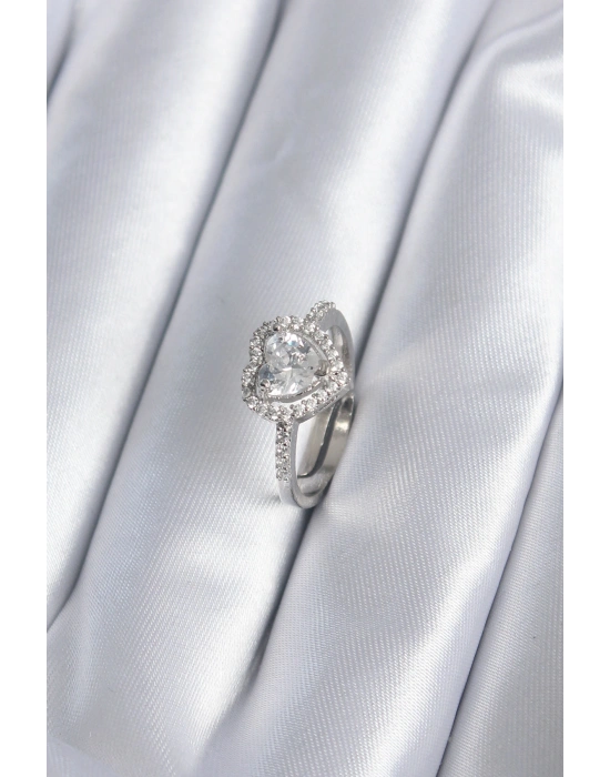 Pirinç Gümüş Renk Zirkon Taşlı Kalp Charm Model Kadın Yüzük