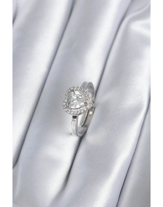 Pirinç Gümüş Renk Zirkon Taşlı Kalp Charm Model Kadın Yüzük