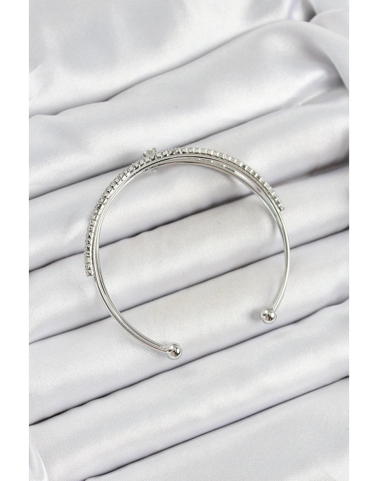 Pirinç Gümüş Renk Zirkon Taşlı Kalp Detaylı Kadın Bileklik