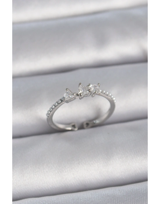 Pirinç Gümüş Renk Zirkon Taşlı Kalp İnci Detay Ayarlanabilir Model Kadın Yüzük