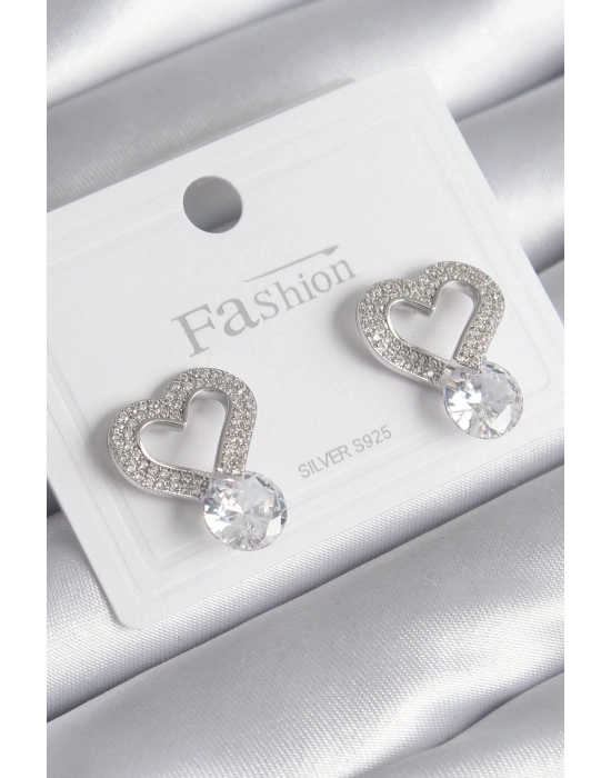 Pirinç Gümüş Renk Zirkon Taşlı Kalp Model Damla Zirkon Taş Detay Kadın Küpe