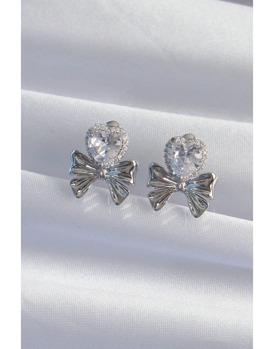 Pirinç Gümüş Renk Zirkon Taşlı Kalp Model Fiyonk Küpe