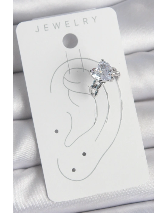 Pirinç Gümüş Renk Zirkon Taşlı Kalp Model Kadın Kıkırdak Küpe