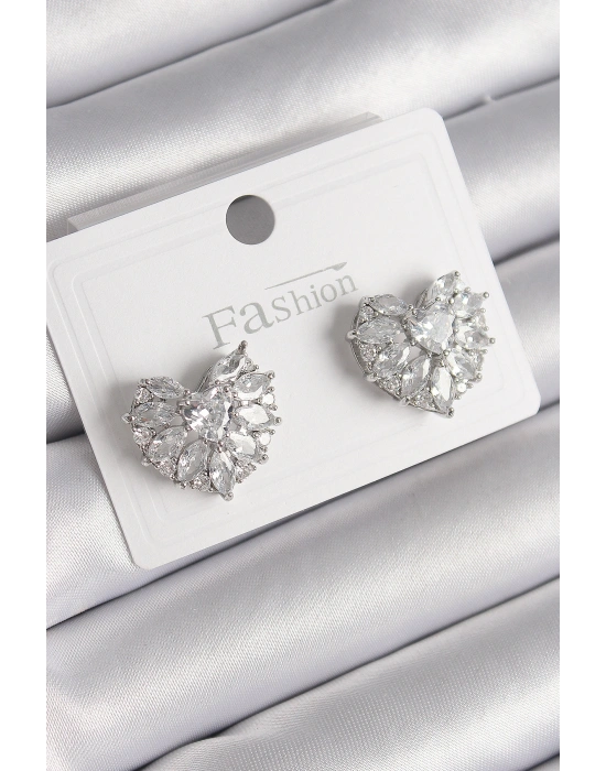 Pirinç Gümüş Renk Zirkon Taşlı Kalp Model Kadın Küpe