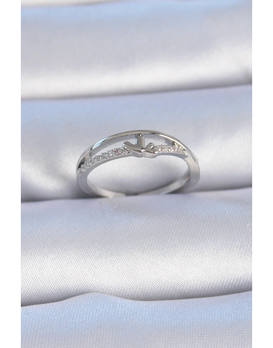 Pirinç Gümüş Renk Zirkon Taşlı Kalp Model Kadın Yüzük