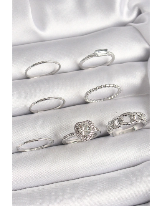 Pirinç Gümüş Renk Zirkon Taşlı Kalp Model Kadın Yüzük Kombini