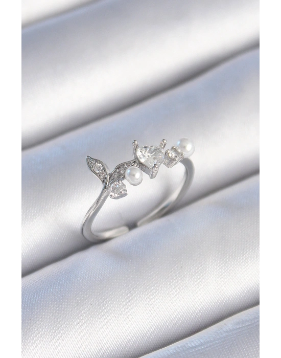 Pirinç Gümüş Renk Zirkon Taşlı Kalp Yaprak Model İnci Detay Kadın Yüzük