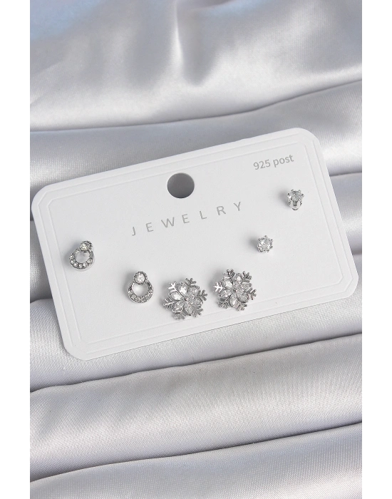 Pirinç Gümüş Renk Zirkon Taşlı Kar Tanesi Model 925 Ayar Gümüş Çivi Kadın Küpe Seti