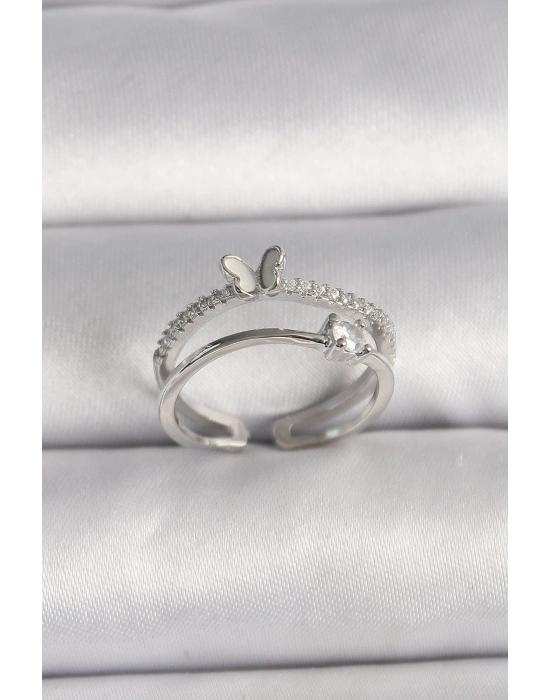 Pirinç Gümüş Renk Zirkon Taşlı Kelebek Figürlü Ayarlanabilir Yüzük