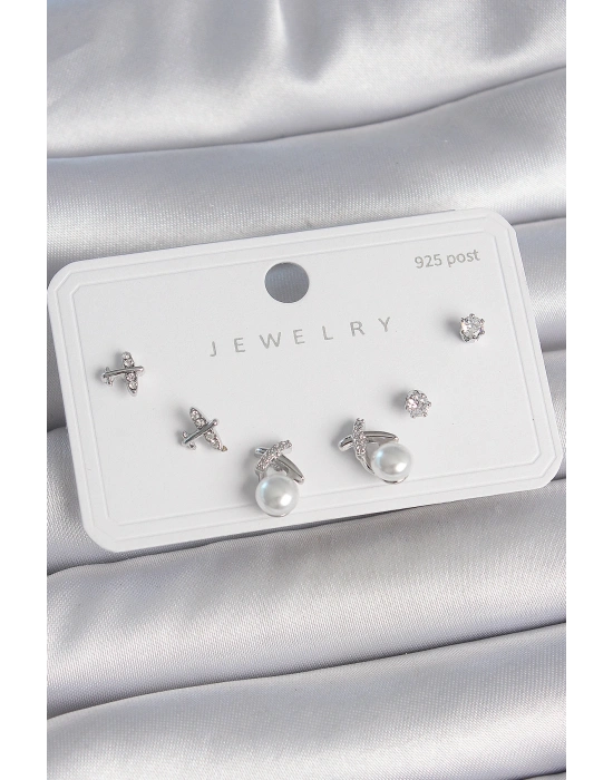 Pirinç Gümüş Renk Zirkon Taşlı Kelebek Model İnci Detay 925 Ayar Gümüş Çivi Kadın Küpe Seti