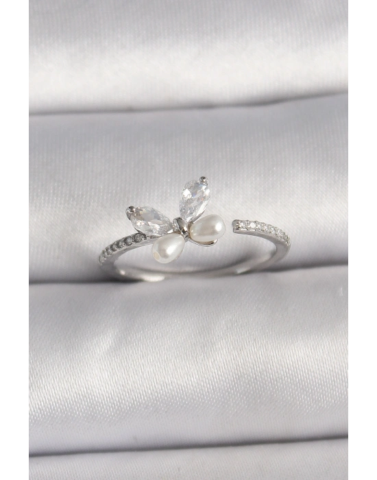 Pirinç Gümüş Renk Zirkon Taşlı Kelebek Model İnci Detaylı Ayarlanabilir Yüzük