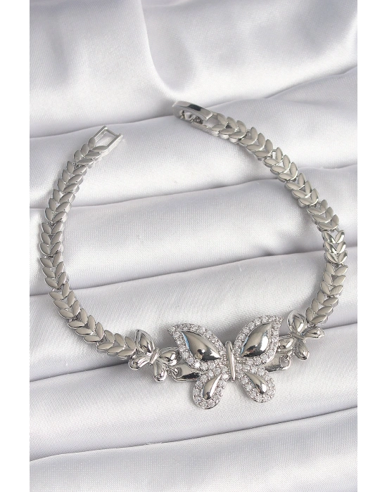 Pirinç Gümüş Renk Zirkon Taşlı Kelebek Model Kadın Bileklik