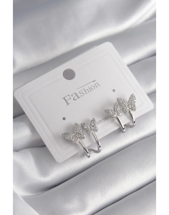 Pirinç Gümüş Renk Zirkon Taşlı Kelebek Model Kadın Küpe