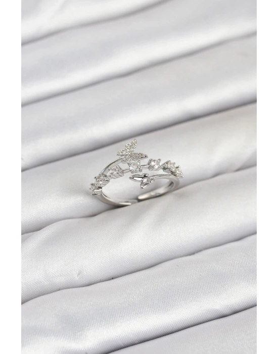 Pirinç Gümüş Renk Zirkon Taşlı Kelebek Model Kadın Yüzük