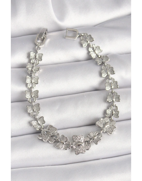 Pirinç Gümüş Renk Zirkon Taşlı Kelebek Model Zincir Kadın Bileklik