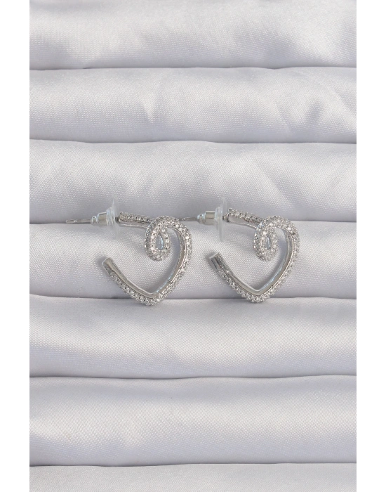 Pirinç Gümüş Renk Zirkon Taşlı Kıvrımlı Yarım Kalp Küpe