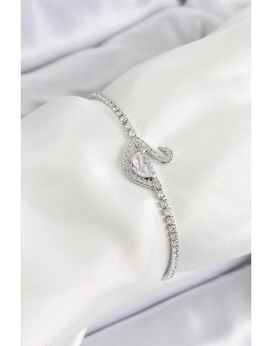 Pirinç Gümüş Renk Zirkon Taşlı Kuğu Model Kadın Bileklik