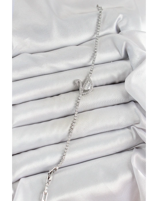 Pirinç Gümüş Renk Zirkon Taşlı Kuğu Model Kadın Bileklik