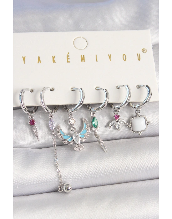 Pirinç Gümüş Renk Zirkon Taşlı Kuş Figür Çiçek Detay 6Lı Kadın Kombin Küpe