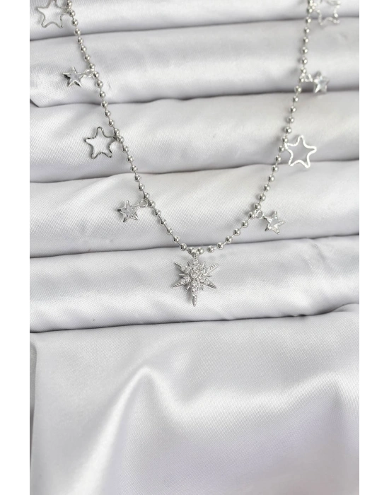 Pirinç Gümüş Renk Zirkon Taşlı Kutup Yıldızı Model Kadın Kolye