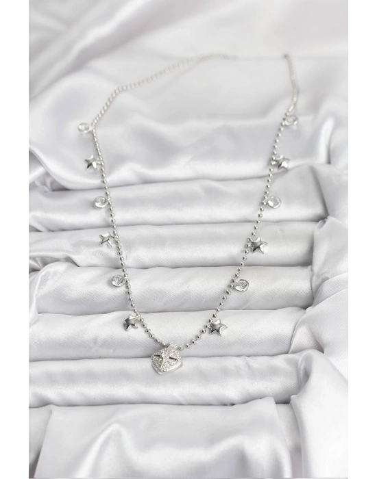 Pirinç Gümüş Renk Zirkon Taşlı Kutup Yıldızı Model Kadın Kolye