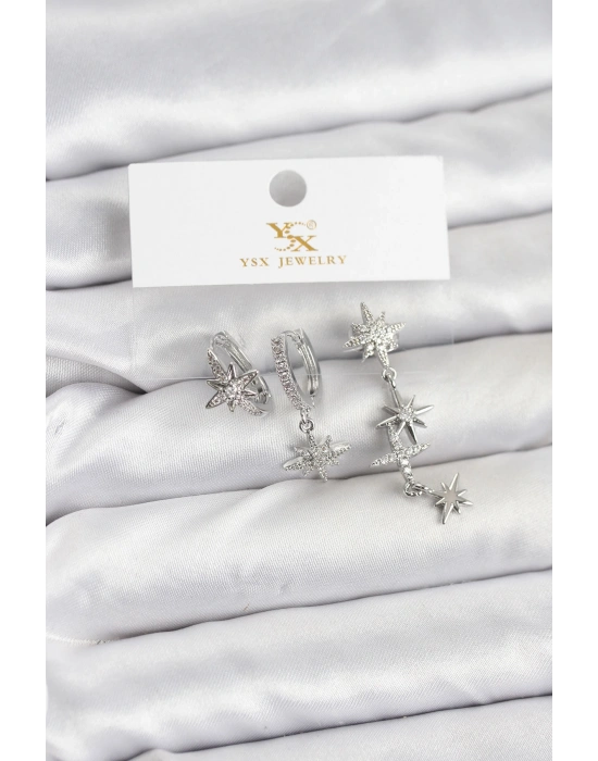 Pirinç Gümüş Renk Zirkon Taşlı Kutup Yıldızı Model YSX Trio Küpe Seti