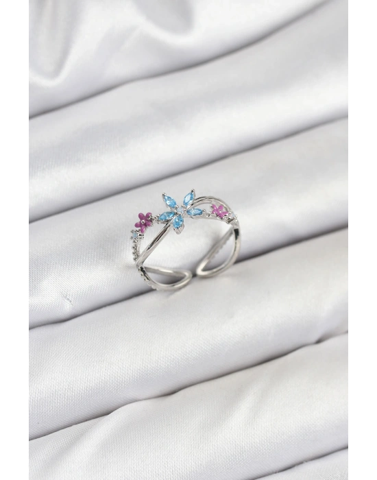 Pirinç Gümüş Renk Zirkon Taşlı Mavi Çiçekli Kadın Yüzük