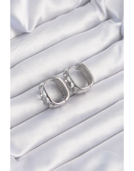 Pirinç Gümüş Renk Zirkon Taşlı Minimal Halka Küpe