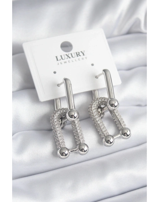 Pirinç Gümüş Renk Zirkon Taşlı Model VIP Seri Kadın Küpe