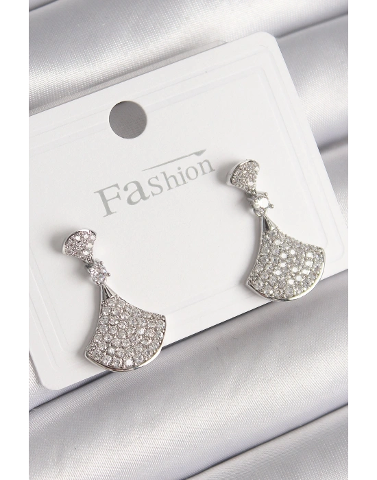 Pirinç Gümüş Renk Zirkon Taşlı Motif Model Kadın Küpe