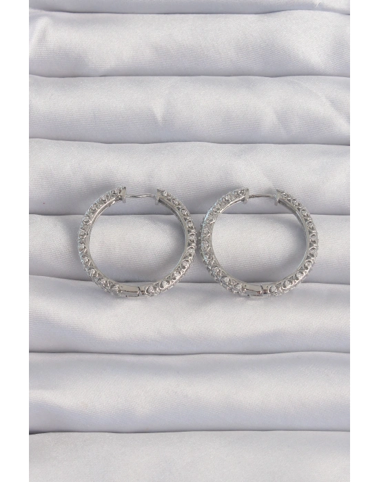 Pirinç Gümüş Renk Zirkon Taşlı Motifli Halka Küpe