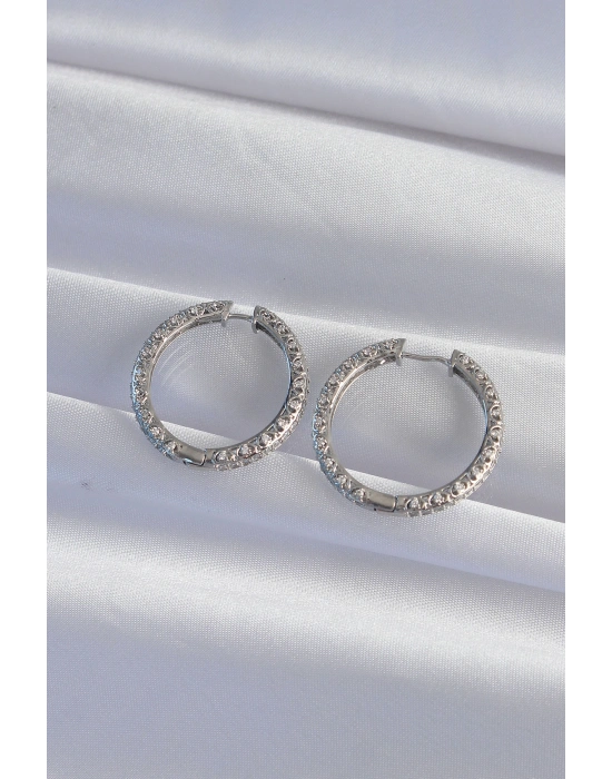 Pirinç Gümüş Renk Zirkon Taşlı Motifli Halka Küpe