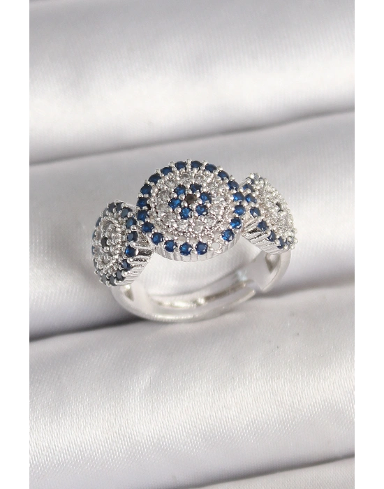 Pirinç Gümüş Renk Zirkon Taşlı Nazar Boncuk Model Ayarlanabilir Kadın Yüzük