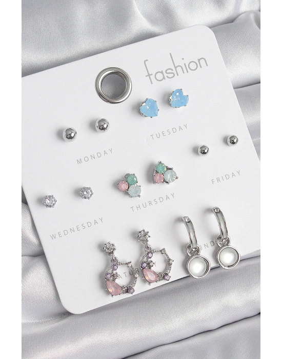 Pirinç Gümüş Renk Zirkon Taşlı Sallantı Halka Model Çiçek Detay 7 Çift Kadın Küpe Seti