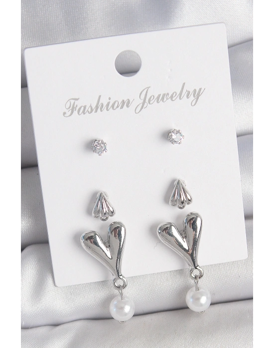 Pirinç Gümüş Renk Zirkon Taşlı Sallantılı Kalp Model 3 Çift Kadın Küpe Seti