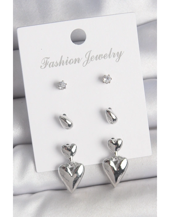 Pirinç Gümüş Renk Zirkon Taşlı Sallantılı Kalp Model 3 Çift Kadın Küpe Seti