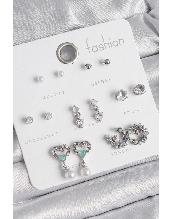 Pirinç Gümüş Renk Zirkon Taşlı Sallantılı Kalp Model Çiçek Detay 7 Çift Kadın Küpe Seti