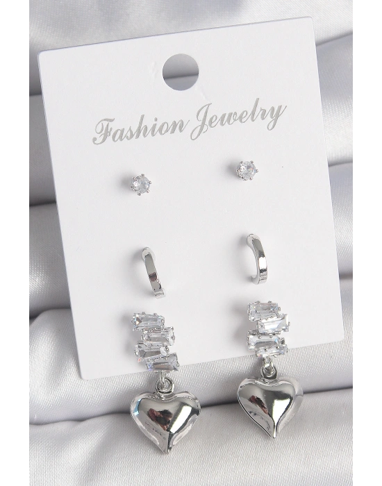Pirinç Gümüş Renk Zirkon Taşlı Sallantılı Kalp Model Yarım Halka Detay 3 Çfit Kadın Küpe Seti