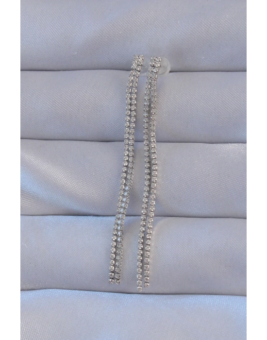 Pirinç Gümüş Renk Zirkon Taşlı Su Yolu Model Küpe