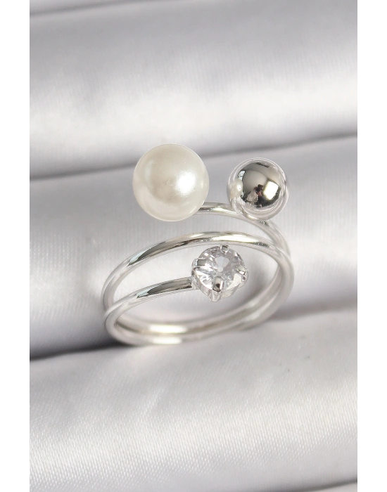 Pirinç Gümüş Renk Zirkon Taşlı Toplu İnci Model Kadın Yüzük