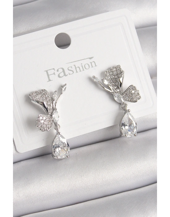 Pirinç Gümüş Renk Zirkon Taşlı Turna Kuşu Model Sallantı Detay Kadın Küpe